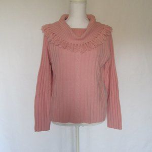 Woman’s Wide Collar Fringe Light Pink Ribbed Long Sleeves Knit Sweater L